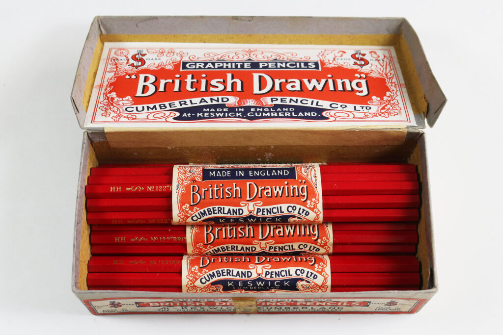 Open retail box of "British Drawing" pencils from the Cumberland Pencil Co. Ltd.
