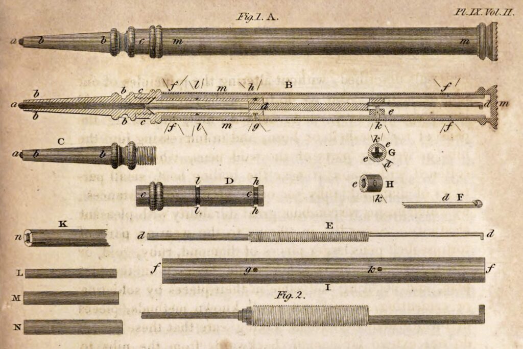 Patent drawings of Hawkins and Mordan's mechanical pencil 20 December 1822