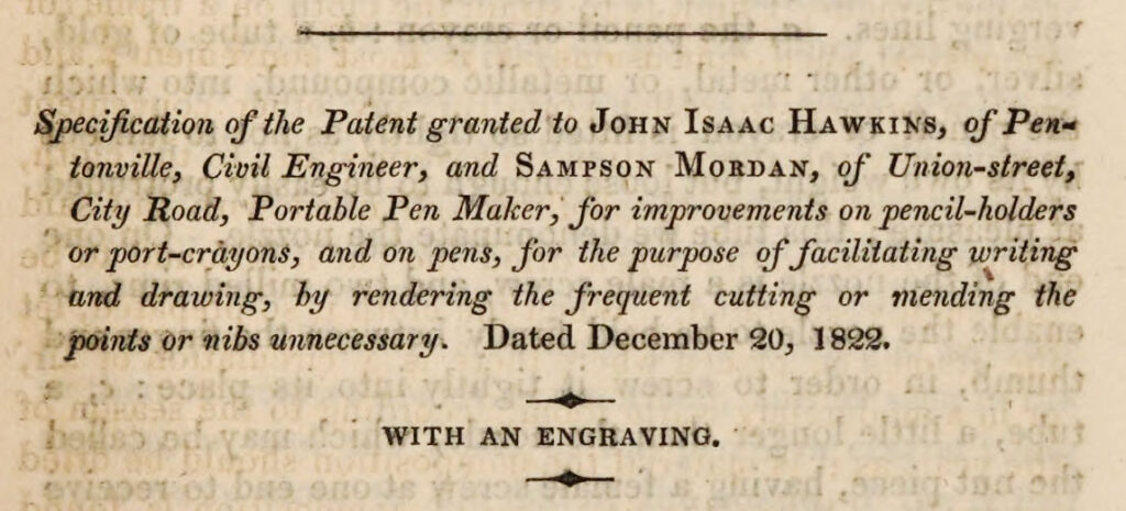 Patent heading for Hawkins and Mordan's mechanical pencil 20 December 1822