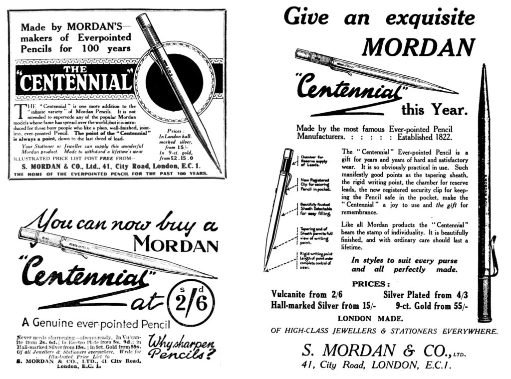 Advertisements for Mordan's "Centennial" ever-pointed pencil from 1921, 1922 and 1923.