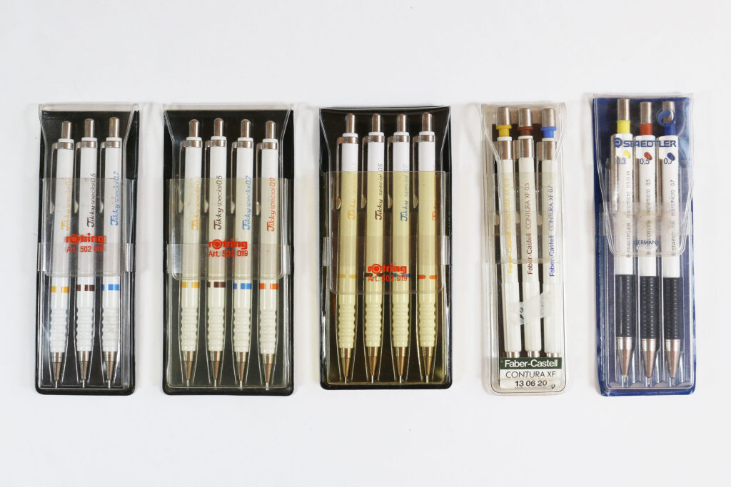 White fineliner mechanical pencil sets from Rotring, Faber-Castell and Staedtler