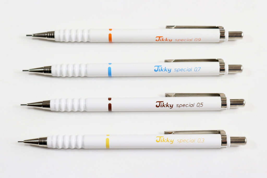 The complete range of four all-white Rotring Tikky Special fineliner mechanical pencils