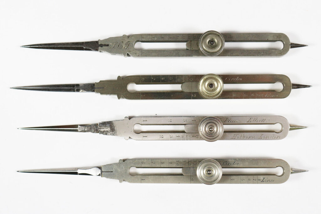 Comparison of four William Elliott proportional dividers - top views
