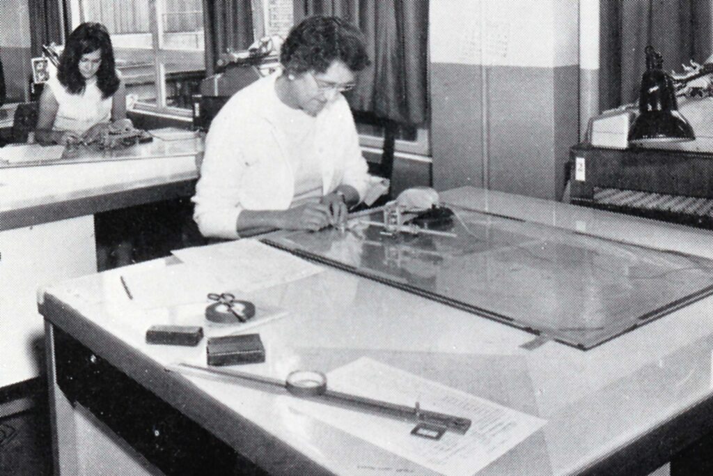 Stanley's automatic reading planimeter in use at the Ordnance Survey with computing scale in foreground