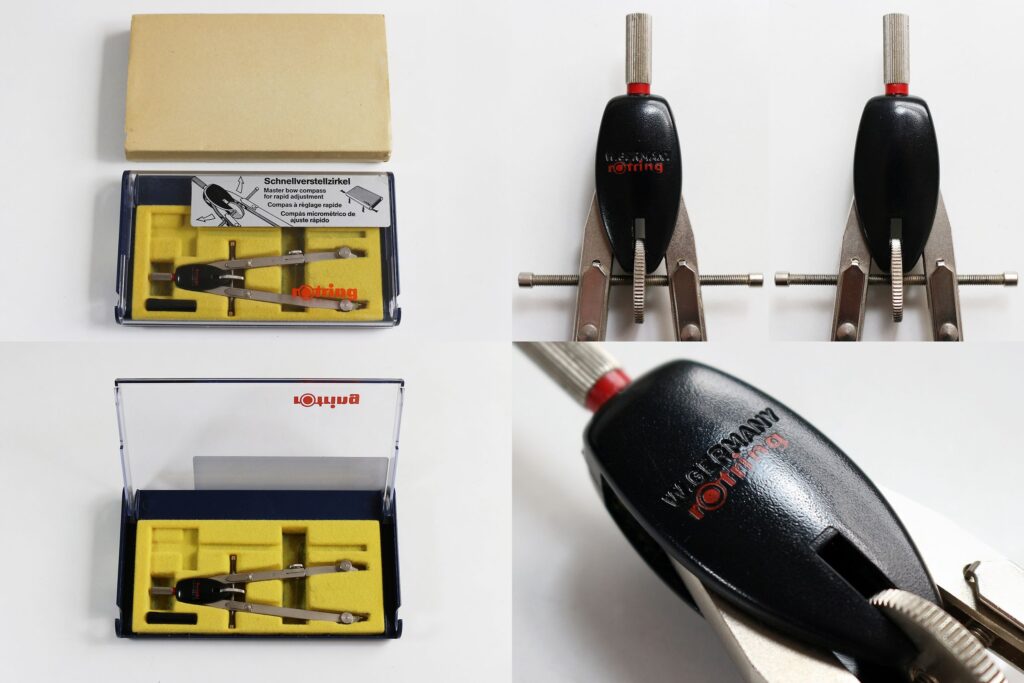 Rotring Art. 530 115 master bow quickset compass with printing error in plain cardboard outer box, four views