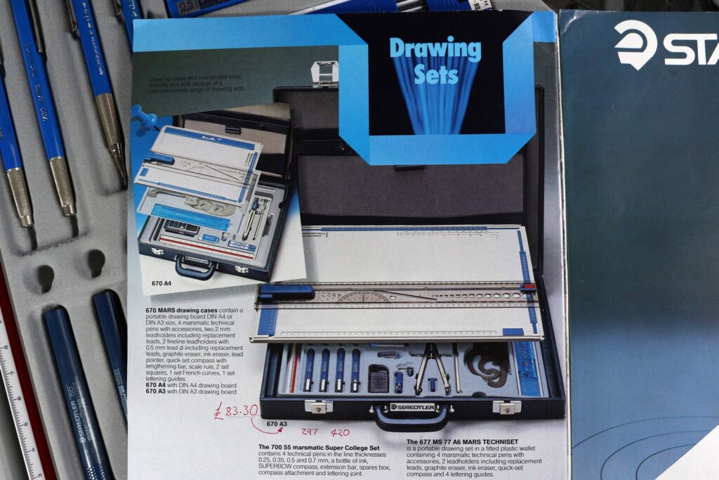 Staedtler Mars drawing case 670 A3 briefcase with 1984 student catalogue page featuring both MARS 670 A4 and A3 drawing cases