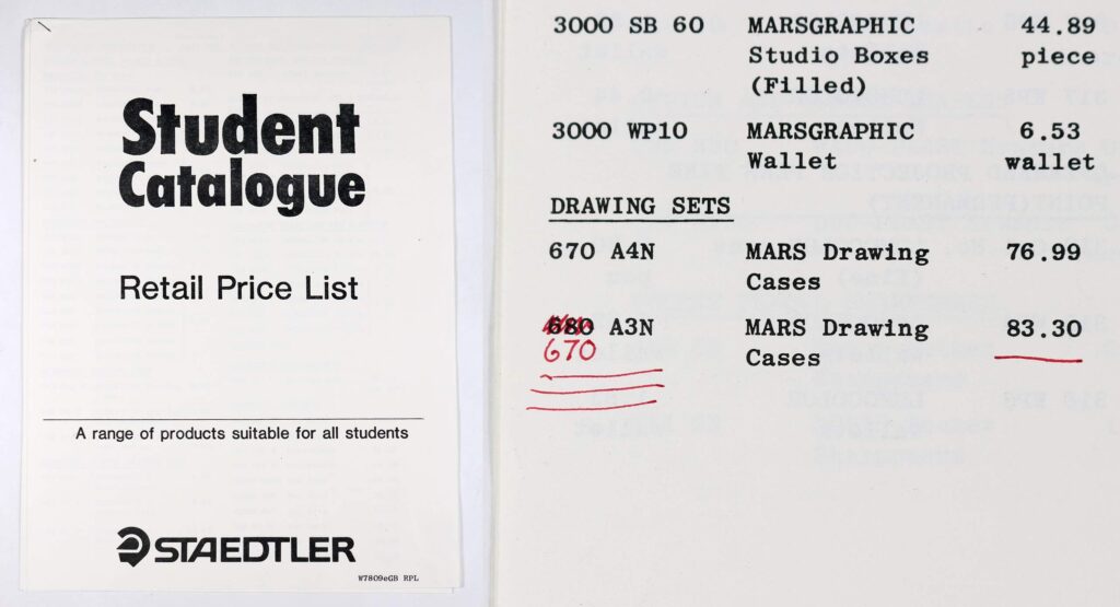 1984 Staedtler Student Catalogue price list with prices of MARS 670 drawing cases