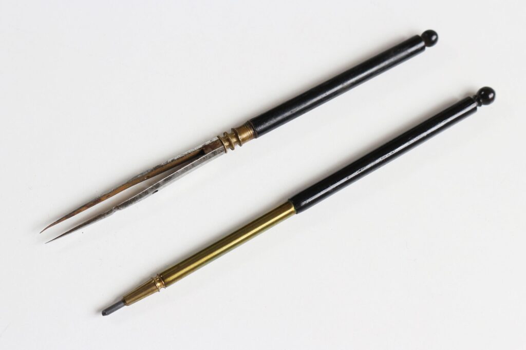 Unsigned beam instrument ebony-handled ruling pen and pencil lead holder