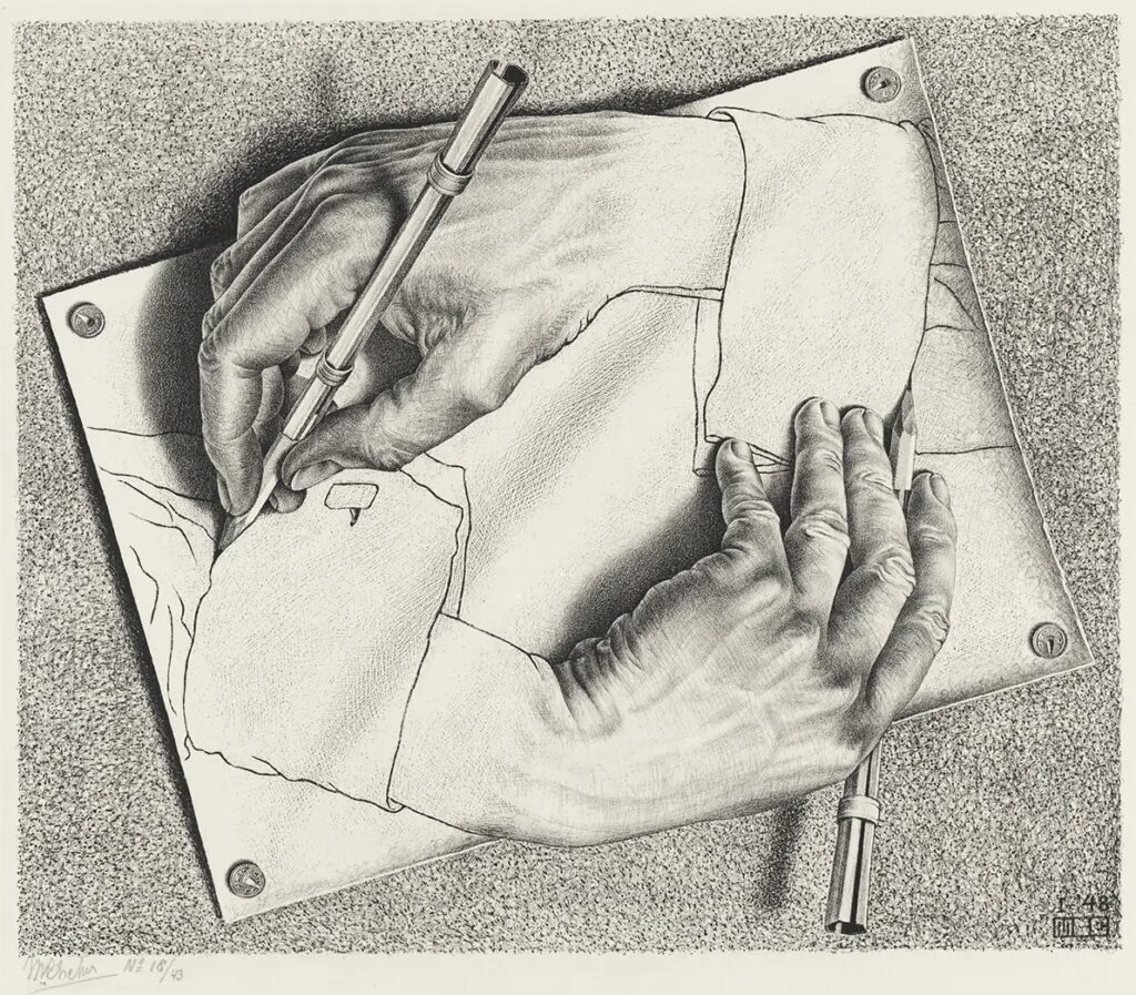 Escher's Drawing Hands lithographic print of 1948