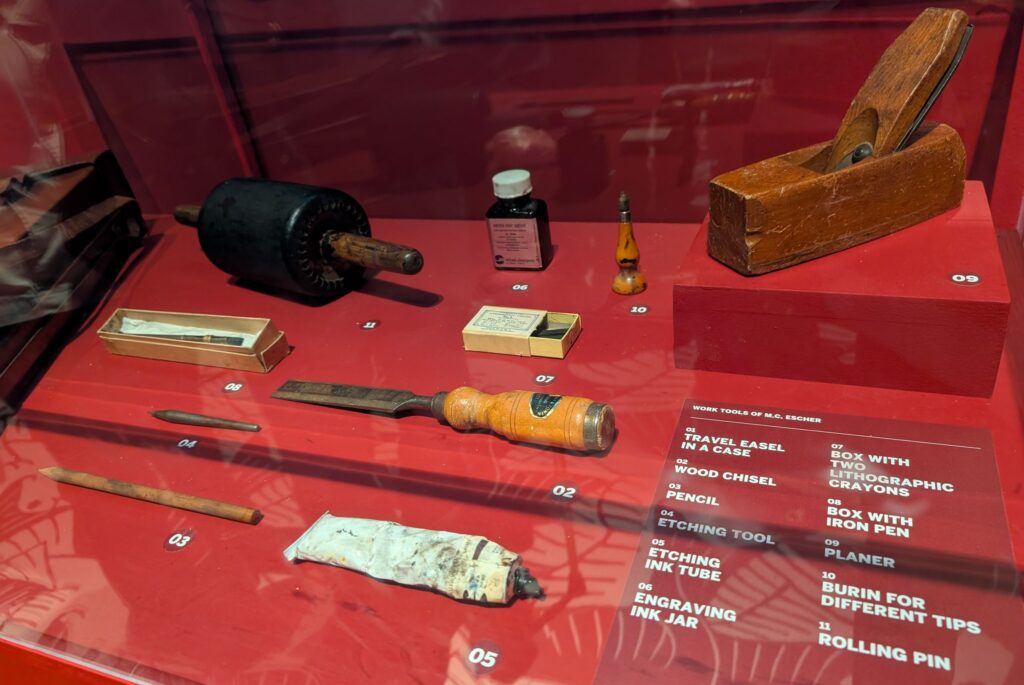 Work tools of M.C. Escher display case from the Somerset House exhibition 2026